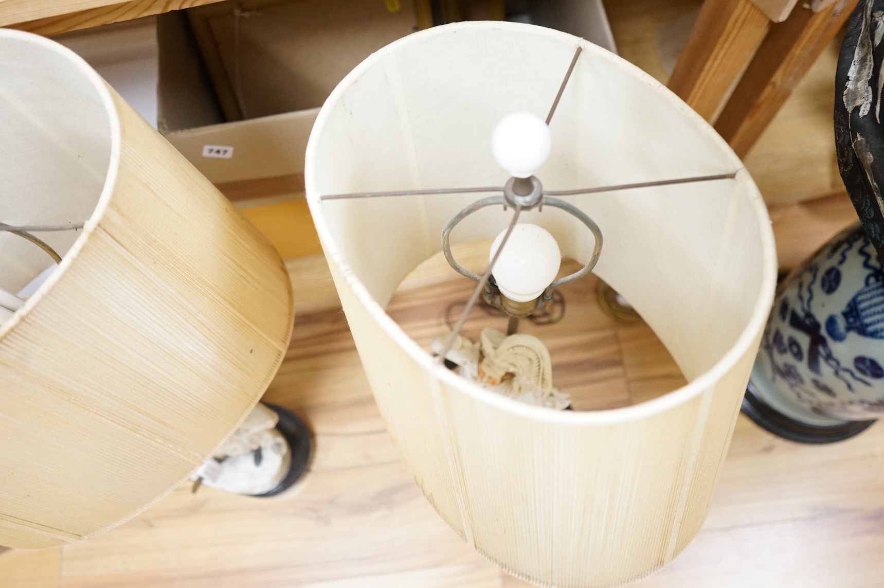 Three Victorian Staffordshire flat back groups, converted and mounted as table lamps, approximately 47cm high